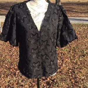 Boden Puff Sleeves Black 3D Floral Embroidered Detail Short Sleeve Blouse